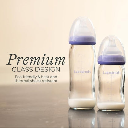 Lansinoh Anti-Colic Glass Baby Bottles, 5 Ounces, 4 Count Bottles for Feeding, Baby Essentials, Includes 4 Slow Flow Nipples, Size S