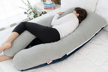 Meiz Pregnancy Pillow, Cooling Pregnancy Pillows for Sleeping, Full Body Pregnancy Pillow with Reversible Cooling Jersey Cover & Velvet Cover, Blue & Grey