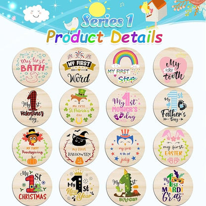 42 Designs First Year Milestones,Wooden Baby First Holiday Signs,Baby Monthly Milestone Photo Props for Newborn to Age 1,Pregnancy Baby Shower Cards (First Holiday Milestone)