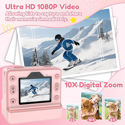 Kids Camera Instant Print, Dual-Lens Selfie Camera for Kids with 1080P Videos, 2.4 Inch Screen, 32GB SD Cards & 3 Rolls Print Paper, Christmas Birthday Gifts for Girls Age 3-12