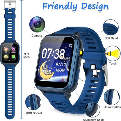 Kids Smart Game Watch with 24 Games HD Touch Screen Video Camera Music Player Pedometer Flashlight Alarm Clock 12/24 hr, Gifts for 5-12 Year Olds Boys