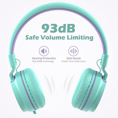 Kids Headphones, AILIHEN I35 On-Ear Headphones for School, 93dB HD Mic Stereo Headphone for Kid Girls Children, Foldable Wired 3.5mm for Chromebook, Laptop, Computer, Tablet (Green Purple)