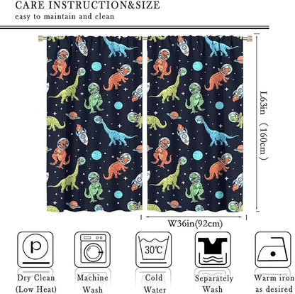 Cartoon Dinosaur Curtains for Kids Boys Girls Home Decor, Astronaut Rocket Funny Outer Space Blackout Rod Pocket Window Drapes for Bedroom Living Room W36xL63in 2 Panels