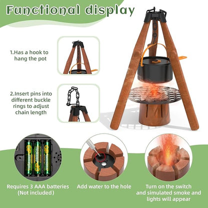 Kids Camping Toys Set - Pretend Play Camping Set with Food Toy, Spray Stove, Oil Lantern, Binoculars, Compass, Tableware, Watch & Storage Bag, Birthday for Ages 3+
