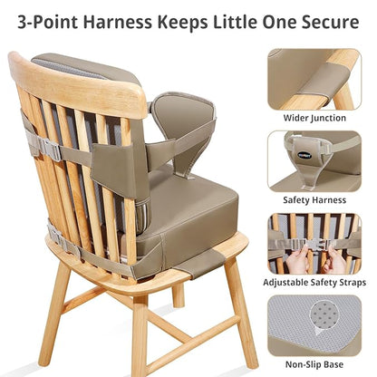 Toddler Booster Seat for Kitchen Chair, 2-in-1 Dining Table Booster Seat with Backrest & Adjustable Straps – Easy-Clean, PU Portable Toddler Eating Travel Increasing Cushion - Dark Coffee