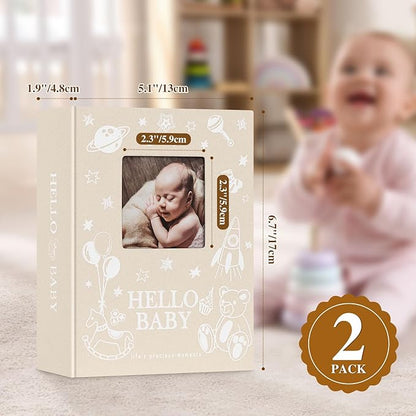 Lanpn Baby Photo Album 4x6 100 Pockets 2 Packs, Mini Linen DIY Window Photo Book Newborn Bebe Album Memory Book Sets, Holds 100 Top Loader Vertical Pictures Gift for Kids Boy Girl Baby Shower, Beige
