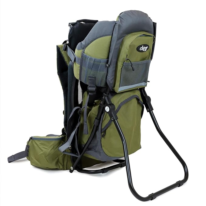 ClevrPlus Canyonero Camping Baby Backpack Hiking Kid Toddler Child Carrier with Stand and Sun Shade Visor, Army Green