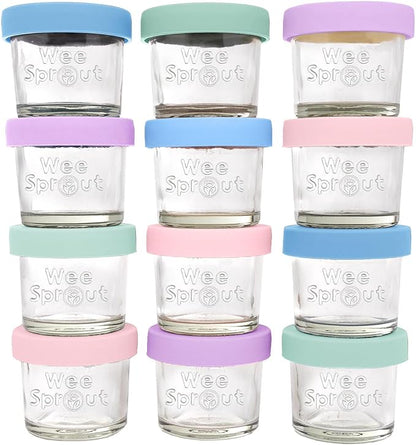 WeeSprout Glass Baby Food Storage Jars w/Lids (4 oz, 12 Pack Set) Snack, Puree, Reusable Small Containers, Breast Milk, Fridge or Freezer, Microwave & Dishwasher Safe, Essential Must Have for Infants