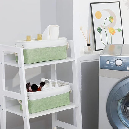 DULLEMELO Toilet Paper Storage Basket, Toilet Paper Basket for Back of Toilet, Bathroom Storage Basket for Cosmetics Towels Toilet Paper, Toilet Tank Basket with Rope Handles for Toilet(White&Green)