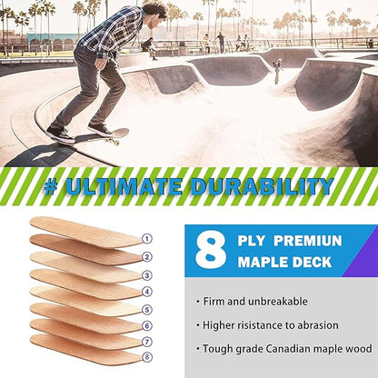 Skateboard,31 x 8 Inch Complete Skateboard, 8-Layer Maple Wood Deck Double Kick Standard Skateboards for Kids, Teens, Adult, Beginner