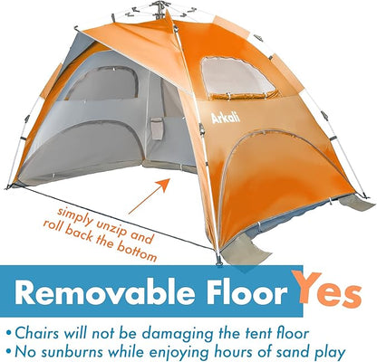 Beach Tent Pop Up Beach Sun Shade Tent with UPF 50+ UV Protection, Removable Floor Zippered Privacy & Ventilation Sun Shelter Family 3 to 4 Person