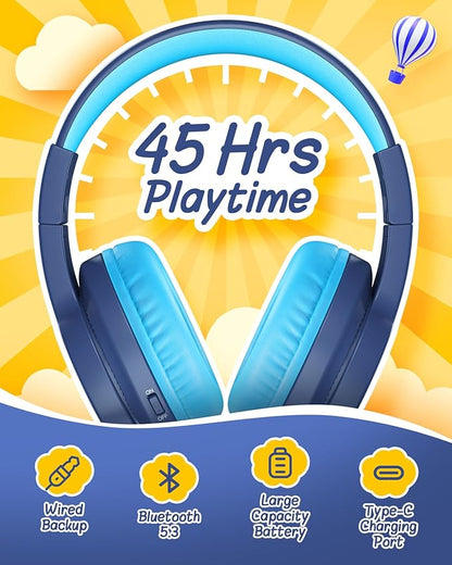 seenda Kids Bluetooth Headphones, Colorful Wireless Over Ear Headset with 85dB/94dB Volume Limited, 45H Playtime, 3 Lighting Modes, Built-in Mic Headphones for Boys Girls iPad Tablet School Dark Blue