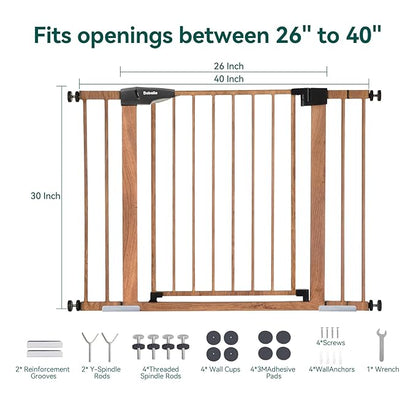 Mom's Choice Award Winner-BABELIO 26-40 Inch Metal Baby Gate with Wood Pattern, Easy Install Pressure Mounted Dog Gate, Ideal for Stairs and Doorways, with Wall Protectors and Extension Kits