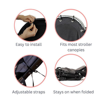 Stroller Sun Shade - Universal UV Protection Cover for Strollers Sunshade with See Through, Clip-On Sun Blocker, Sun Shield for Baby, Breathable Adjustable Fit, Full Coverage, L Black