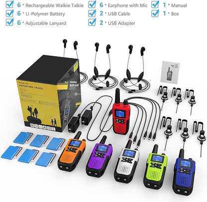 Walkie Talkies Rechargeable for Adults Long Range with Earpiece NOAA Weather Alert, Multi-purpose 2 Way Radio 6 Pack for Team Work Senior Care Kid Adventure Family Camping Hiking Skiing Cruise
