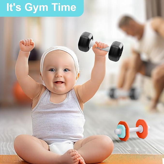 iPlay, iLearn Baby First Gym Rattle Set, Infant Dumbbell Weights Teething Rattles 3-6-12 Month, Newborn Workout Sensory Stroller Toy, Babies Birthday Shower Gift 5 7 8 9 10 Month Toddler Boy Girl-4PCS