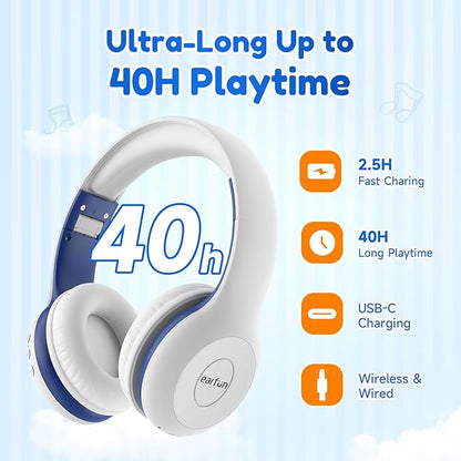 EarFun K2 Kids Bluetooth Headphones, Kids Headphones with Volume Limited, 40H Playtime, Built-in Mic, Stereo Sound, Foldable Over-Ear Headphone for School/Travel/iPad/Tablet, White