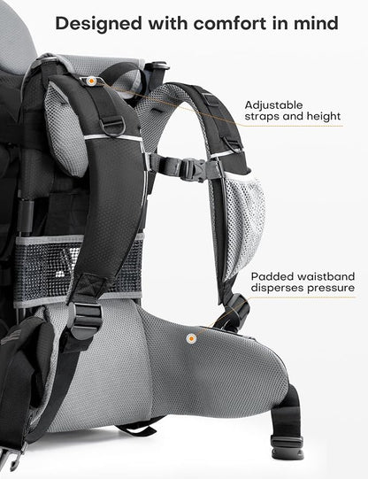 besrey Baby Backpack Carrier, Toddler Hiking Backpack with Safety 3-Height Seat, Adjustable Straps&Waist Belt, Foldable Frame Lightweight Large Capacity Child Carrier for Hiking (Black/Grey)