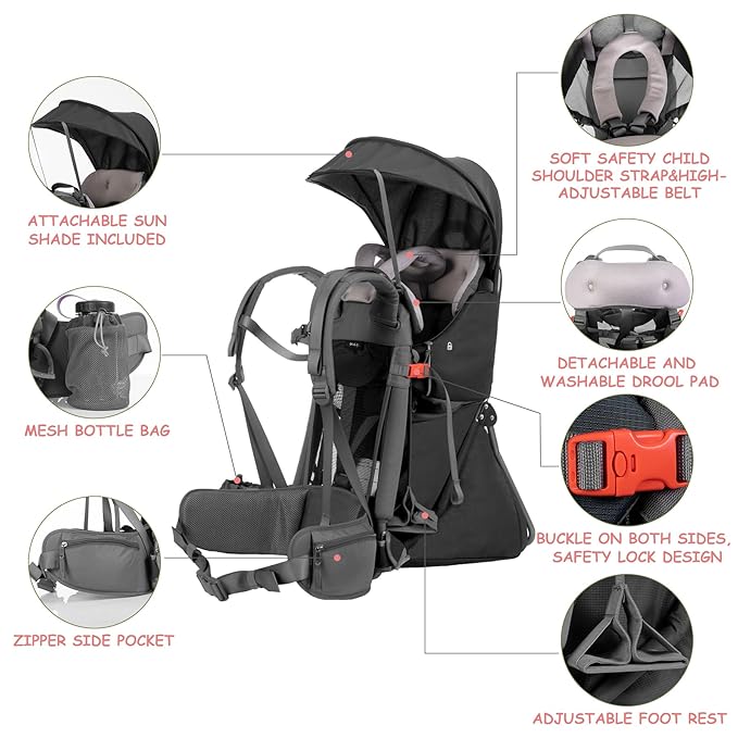 Wipha Baby Backpack Carrier, Toddler Carrier with Canopy, Adjustable and Safe Hiking Backpack for Baby(Creeper III-Black)