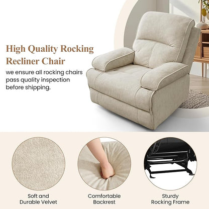 Nursery Rocking Chairs,Velvet Rocker Recliner Nursing Chair,Oversized Nursery Recliner Glider Chair with Extra Wide Footrest for Breastfeeding,Beige