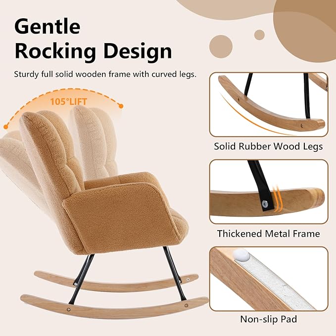 NIOIIKIT Nursery Rocking Chair Teddy Upholstered Glider Rocker Rocking Accent Chair Padded Seat with High Backrest Armchair Comfy Side Chair for Living Room Bedroom Offices (Kahaki Teddy)