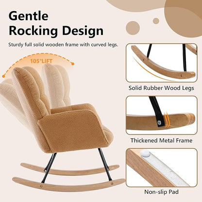 NIOIIKIT Nursery Rocking Chair Teddy Upholstered Glider Rocker Rocking Accent Chair Padded Seat with High Backrest Armchair Comfy Side Chair for Living Room Bedroom Offices (Kahaki Teddy)