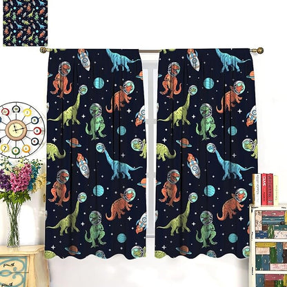 Cartoon Dinosaur Curtains for Kids Boys Girls Home Decor, Astronaut Rocket Funny Outer Space Blackout Rod Pocket Window Drapes for Bedroom Living Room W21xL63in 2 Panels