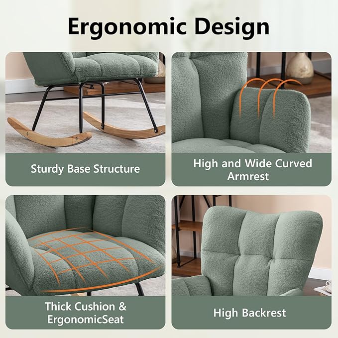 NIOIIKIT Nursery Rocking Chair Teddy Upholstered Glider Rocker Rocking Accent Chair Padded Seat with High Backrest Armchair Comfy Side Chair for Living Room Bedroom Offices (Olive Green)