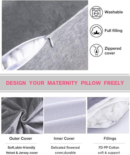 AS AWESLING 60in Full Body Pillow | Nursing, Maternity and Pregnancy Pillow | Extra Large U Shape Pillows with Detachable Side, Separate Support Pillow and Removable Cover (Velvet and Jersey Grey)