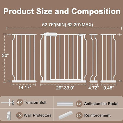 WAOWAO Baby Gate 52.76-62.2" Extra Wide Pressure Mounted Walk Through Swing Auto Close Safety White Metal Toddler Kids Child Dog Pet Puppy for Stairs,Doorways,Kitchen