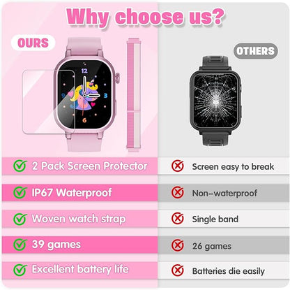 Kids Waterproof Smart Watch Girls Gift Age 3-12 with 39 Game HD Touch Screen Music Player Video Camera Pedometer Alarm Clock Birthday Gift for 6 7 8 9 Year Olds Pink