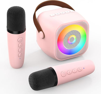 Mini Karaoke Machine, Portable Bluetooth Karaoke Speaker with 2 Wireless Microphone and Lights for Kids and Adults, Chritmas Birthday Gifts for Girls Boys 3-12+ Year Old (Pink)