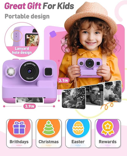 Instant Print Camera for Kids, Christmas Birthday Gifts for 3-12 Year Old Girls Boys, 2.4in Screen 1080P Video Digital Camera Toys for Kids Age 4 5 6 7 8 9 10 with 3 Rolls Print Paper 32G Card