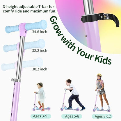 BELEEV V2 Scooters for Kids with Light-Up Wheels & Stem & Deck, 2 Wheel Folding Scooter for Girls Boys, 3 Adjustable Height, Non-Slip Pattern Deck, Lightweight Kick Scooter for Children Ages 3-12
