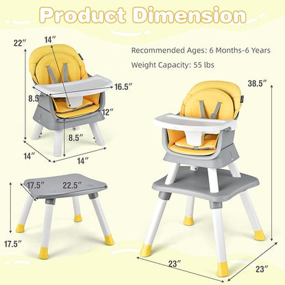 HONEY JOY 8 in 1 Baby High Chair, Convertible Highchair for Babies and Toddlers/Table and Chair Set/Building Block Table/Booster Seat/Stool/Toddler Chair with Safety Harness(Yellow)