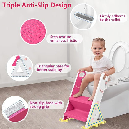 Easy Storage Potty Training Seat with Ladder, Adjustable Step and Toilet Seat Height, Easy-Grip Handles for Climbing, Foldable Portable Toddler Toilet Trainer, Perfect for Small Bathrooms