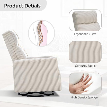CANMOV Swivel Rocker Chair for Nursery, Swivel Accent Chair with High Back and Arms, Corduroy Glider Chair for Living Room Bedroom Nursery, Beige