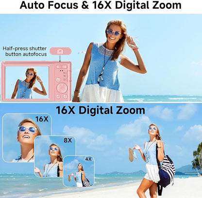 Digital Camera, FHD 4K 44MP Digital Camera, 16X Digital Zoom, Digital Point and Shoot Camera with 3-LED Fill Lights, 64GB SD Card, Compact Camera for Kids Teen Boys Girls, Pink
