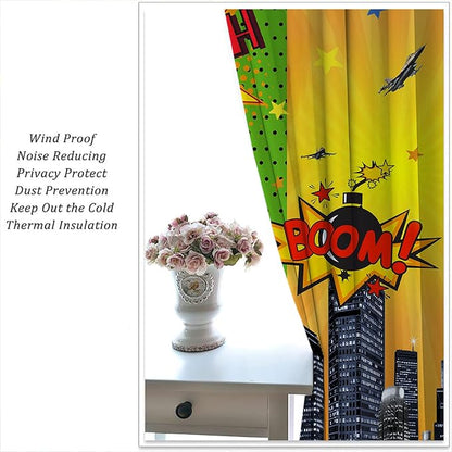Superhero Rod Pocket Blackout Curtains for Boy Girl Bedroom, City War Explosion Comics Art Thermal Insulated Home Window Drapes for Living Room Darkening, 55x63 inch