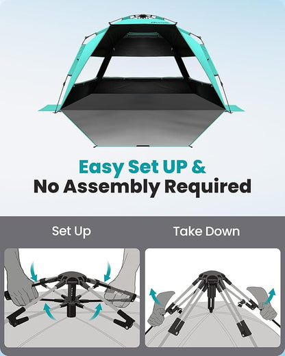 OutdoorMaster Beach Tent with Blackout Shelter Technology, Portable Beach Shade Sun Shelter Canopy for 4-6 Person with UPF 50+ UV Protection, Easy Setup Pop Up Tent Family Size