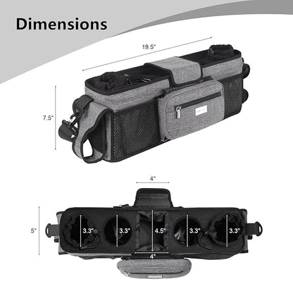 TOPDesign Universal Baby Stroller Organizer, Double Stroller Caddy with Detachable Mesh Bag & Heightened Insulated Cup Holders & Non-Slip Secure Hooks Accessories, Fits Most Strollers (Grey)