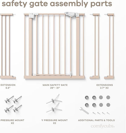 Comfy Cubs Baby Safety Gate with 3 Extensions - Adjustable 42" x 1.9" x 30" Q195 Steel Doorway Barrier - Powder-Coated Finish for Stairs and Doorways - Walk-Through Design Pet Gate - Blush