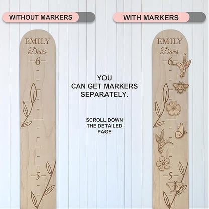 Personalized Wooden Growth Chart for Wall - Custom Name Kids Measurement Growth Chart for Girls, Child Height Measuring Chart Wooden, Baby Height Chart Wall Ruler Wood Wildlife Butterfly, 2 Sizes