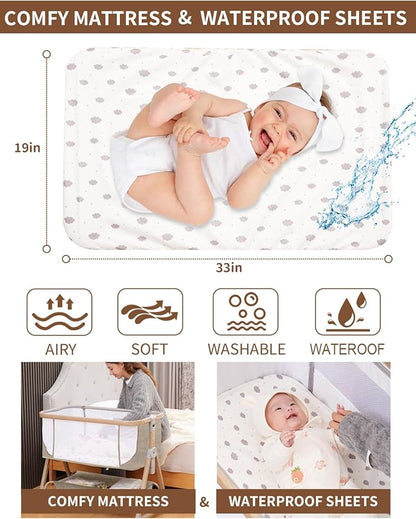 Baby Bassinet, Bassinet Bedside Sleeper with Waterproof Bassinet Sheets and Soft Mattress, Safe Adjustable Height Bedside Bassinets with Wheels, Girl/Boy Bassinets, Khaki