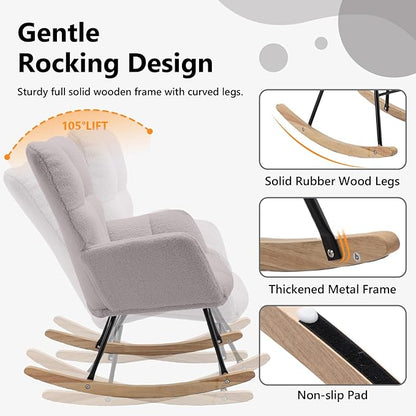 NIOIIKIT Nursery Rocking Chair Velvet Upholstered Glider Rocker Rocking Accent Chair Padded Seat with High Backrest Armchair Comfy Side Chair for Living Room Bedroom Offices (Light Gray)