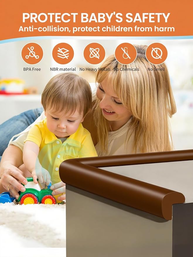 Baby Proof Edge Corner Protector, 16.4FT 0.47''Th L-Shape Furniture Corner & Edge Safety Bumpers with 10 Corners, Pre-Taped, Soft NBR Rubber Foam Desk Edge Cushion Wall Corner Protector (Coffee)