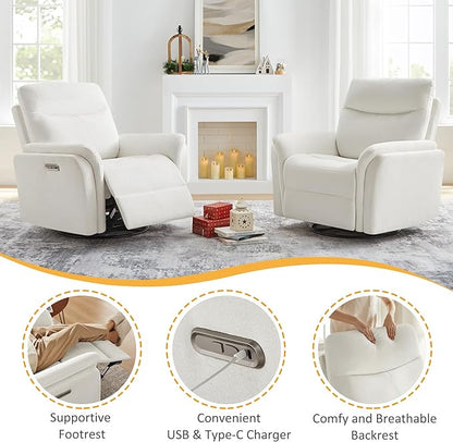 Power Recliner Chair Swivel Glider, Electric Rocking Recliner Chairs with USB and Type-C Ports, Nursery Chair Recliner for Living Room, Bedroom, Apartment（White）