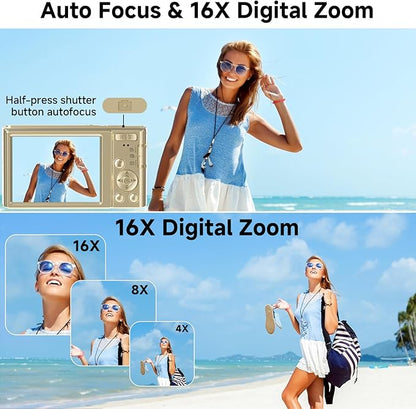 Digital Camera, FHD 4K Digital Camera with 64GB SD Card, 44MP Digital Point and Shoot Camera, 16X Digital Zoom, Anti Shake, 3-LED Fill Lights, Compact Camera for Kids Teen Boys Girls, Gold