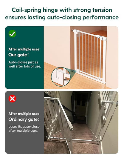 Babelio 29-43" Magnetic Baby Gate for Stairs,Doorways House,Kitchen,30" Tall Pet Barrier with Baffles,Pressure Mounted & Dual-Lock Design Safety for Kids Toddler,Auto-Close/Hold-Open,White