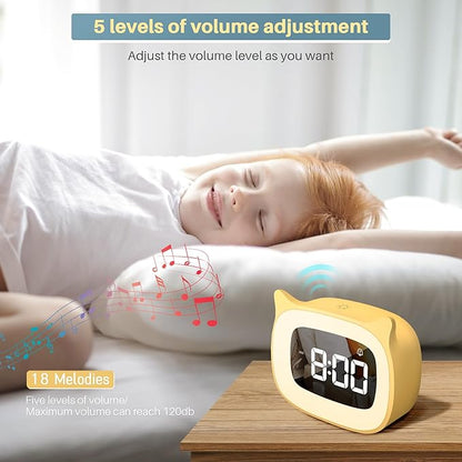 Kids Alarm Clock with Night Light & 18 Ringtones,Rechargeable,Cute Cat Ear Clock for Boys Girls Birthday Presents,Digital Clock for Children's Bedroom(Yellow)